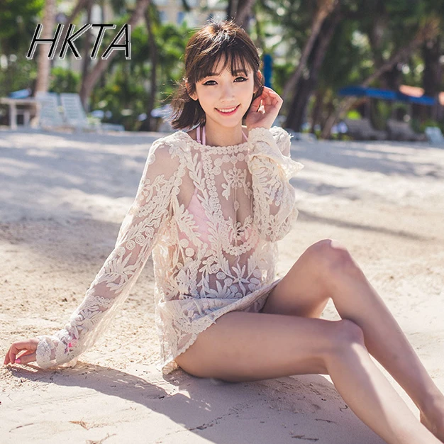 

Lolita Lace Long Sleeve Hollow Crew Neck Pullover Top Sunscreen Shirt Loose White Swimwear Women Medium Length Tops Beach Wear