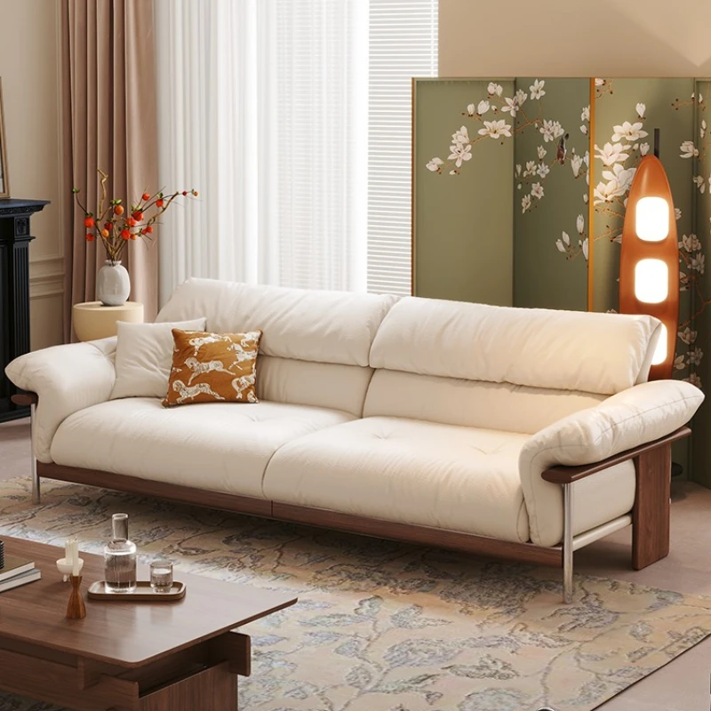Sofa black walnut solid wood first layer cowhide living room French retro straight row white leather sofa