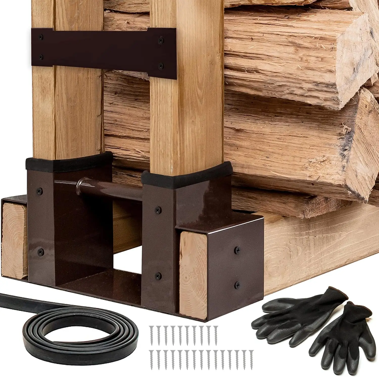 

2-Pack Adjustable Firewood Rack with Brackets, Seal Strip & Gloves - Custom Length Outdoor Wood Storage Solution (Dark Brown)