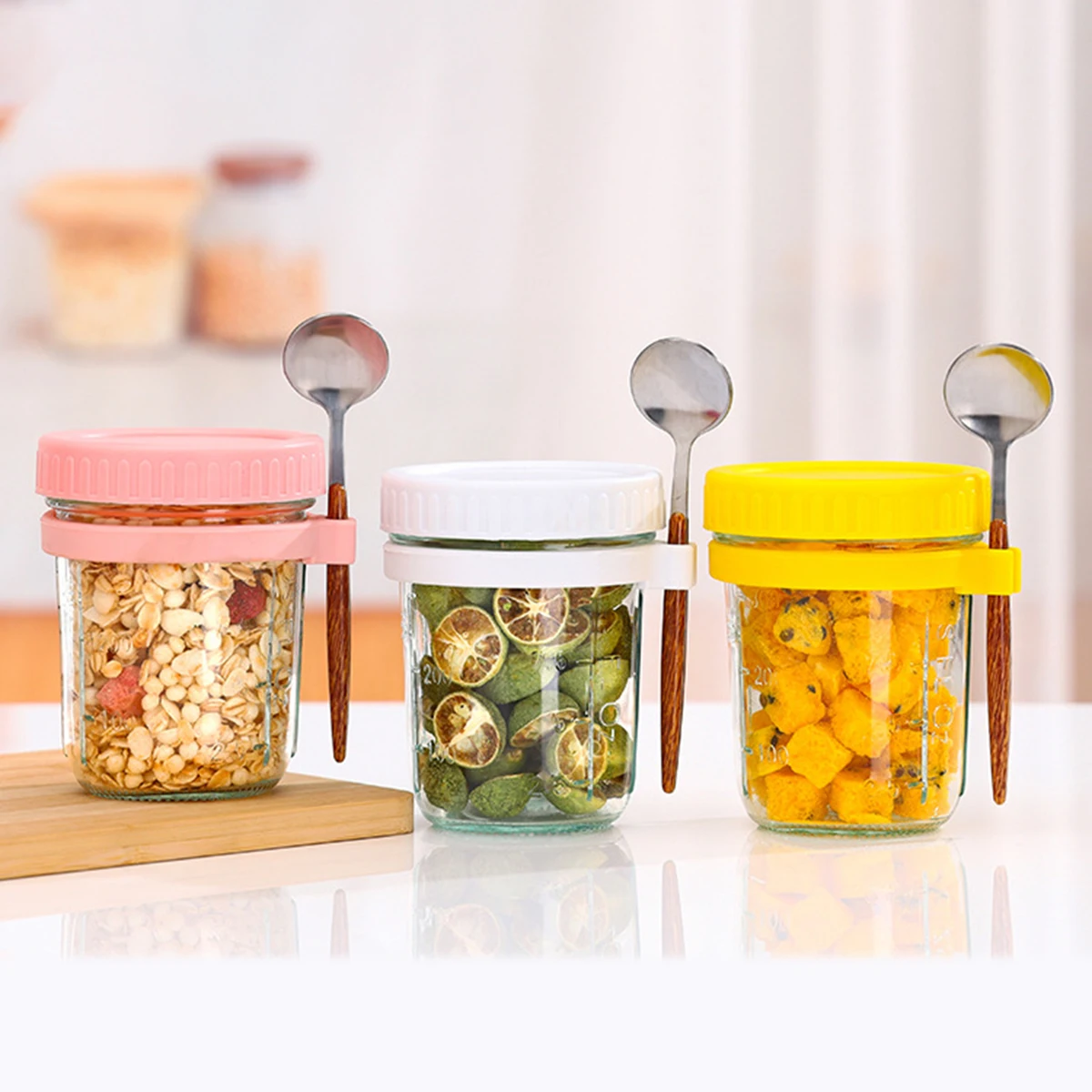 Frascos de vidrio para avena nocturna, tarros de vidrio de boca ancha de 12 Oz con tapas y cucharas para avena nocturna, contenedor de preparación de comidas de vidrio