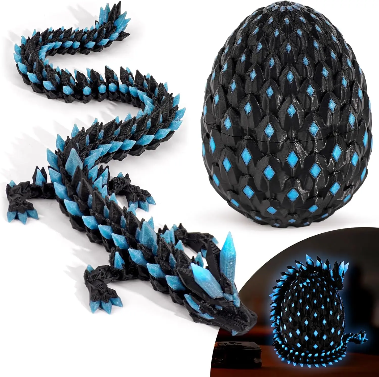 

3D Printed Dragon Glow in The Dark with Matching Egg, UV Reactive Dragon Egg Set, Collectible for Fantasy Fans Christmas Gifts