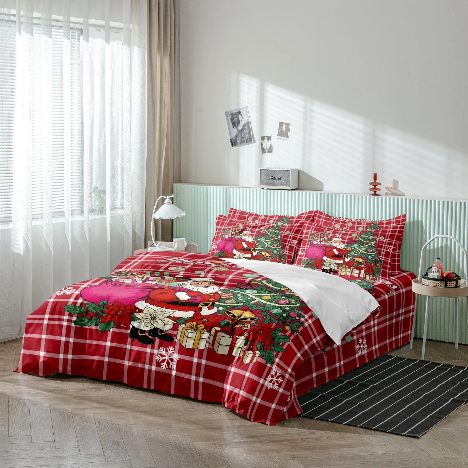  3Pcs Red Plaid Santa Claus Christmas Print Duvet Cover Set, Gift Sack Christmas Tree Presents and Poinsettia Print Bedding,