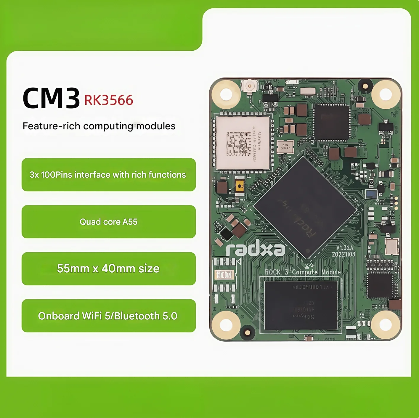 Radxa CM3 RK3566 Четырехъядерный процессорный вычислительный модуль Основная плата Raspberry Pi CM4 Замена с WIFI