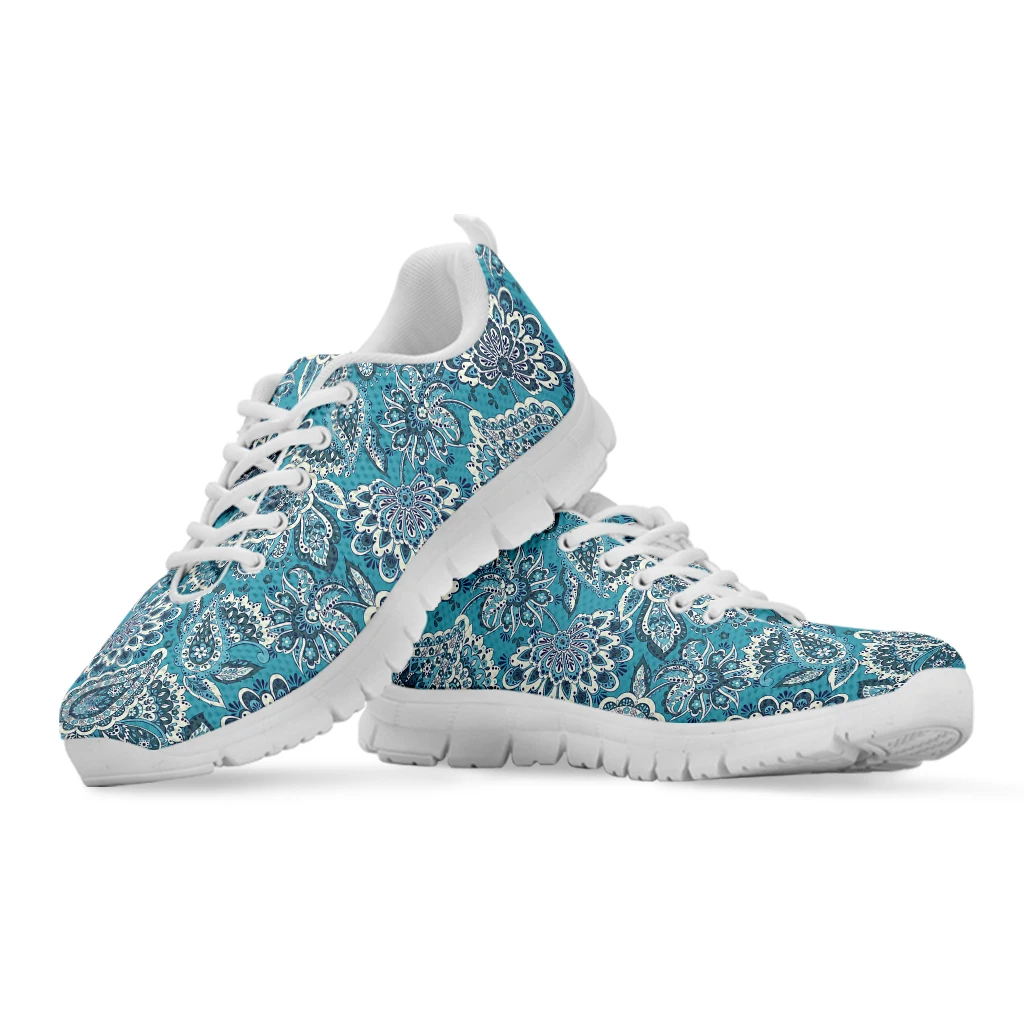 INSTANTARTS White Womens Causal Sneakers Boho Pasiley Floral Prints Lightweigh Air Mesh Falt Shoes Lace Up Footwear For Girls