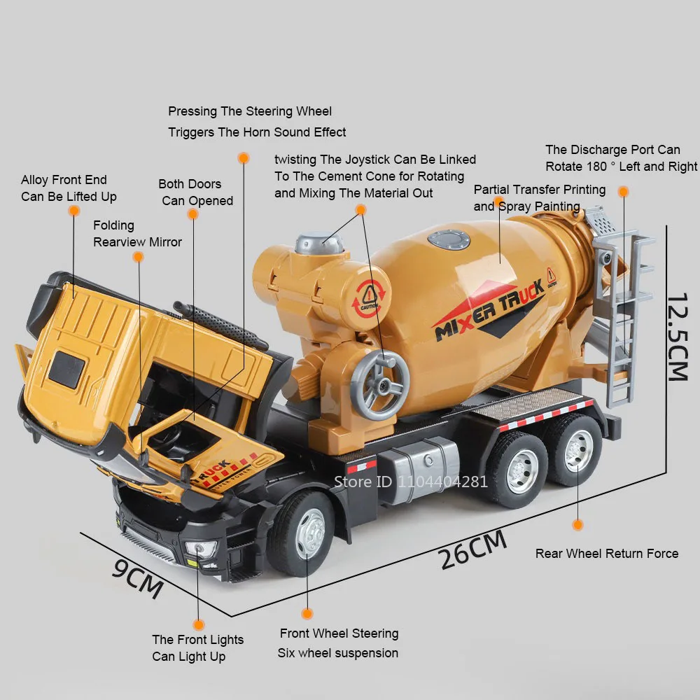 1:24 Alloy Mixer Truck Engineering Crane Diecast Model Toys Car Doors Opened Sound Light Pull Back Cars Children Educational Toy