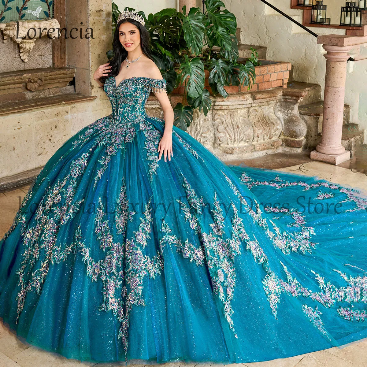 

2024 мексиканское платье Quinceanera Sweet 16 бальное платье с цветочным рисунком с открытыми плечами аппликация корсет, вышитый бусинами официальные платья 15 лет