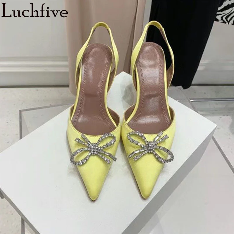 Multicolour Satin Thin High Heels Sandals Women Crystal Bow Slim Bride Party Shoes Pointy toe Pumps Summer Luxury Dress Shoes