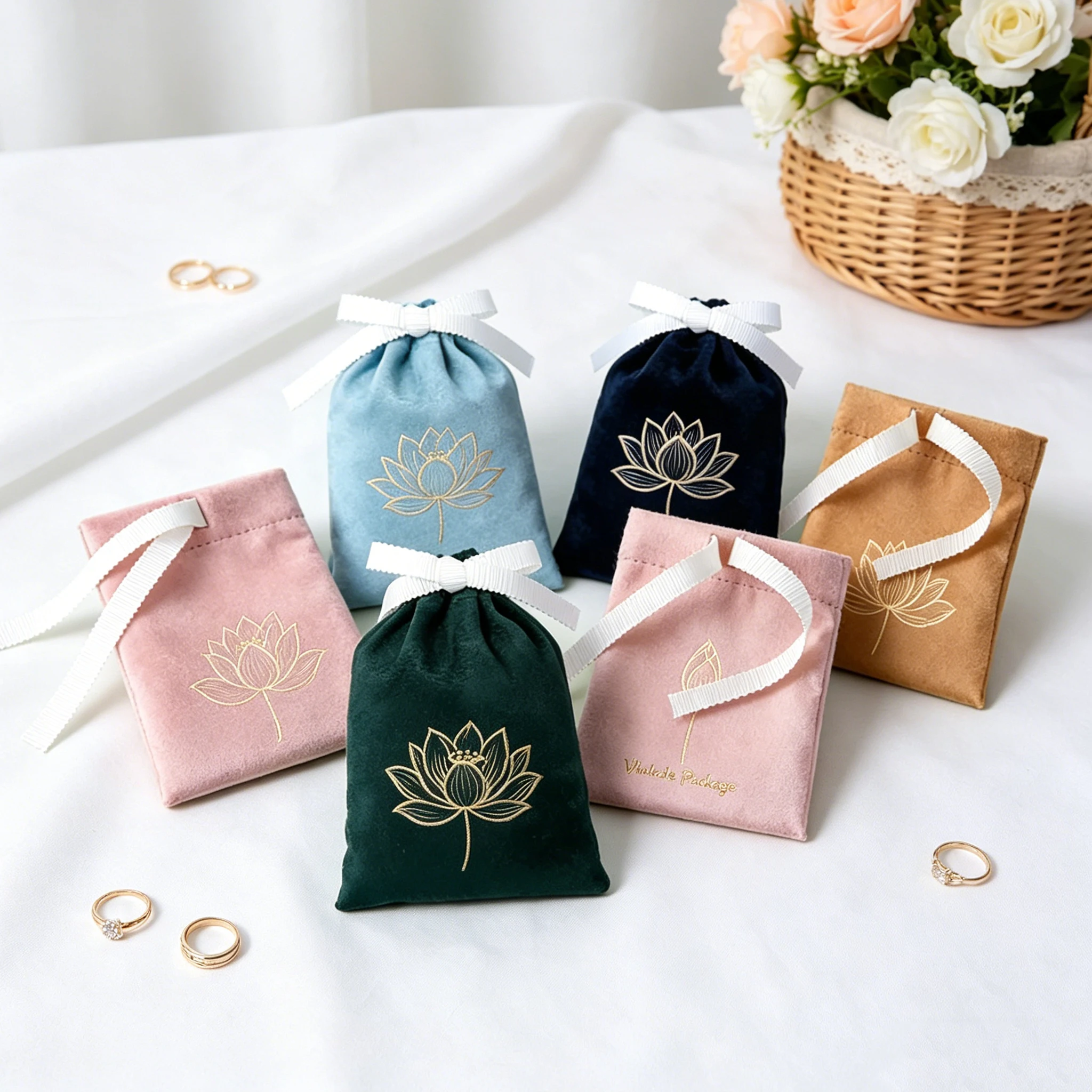 

100pcs Custom Logo Velvet Jewelry Bag with Ribbon Small Size Gift Pouch Business Packaging Flannel Drawstring Ring Earrings Bags