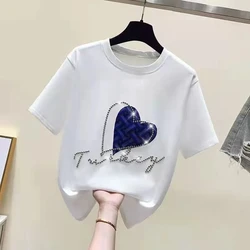 Summer T Shirt for Women Cotton Inlaid Diamond Luxury Designer Korean Fashion Loose Short Sleeved Tops Slim Clothes for Women