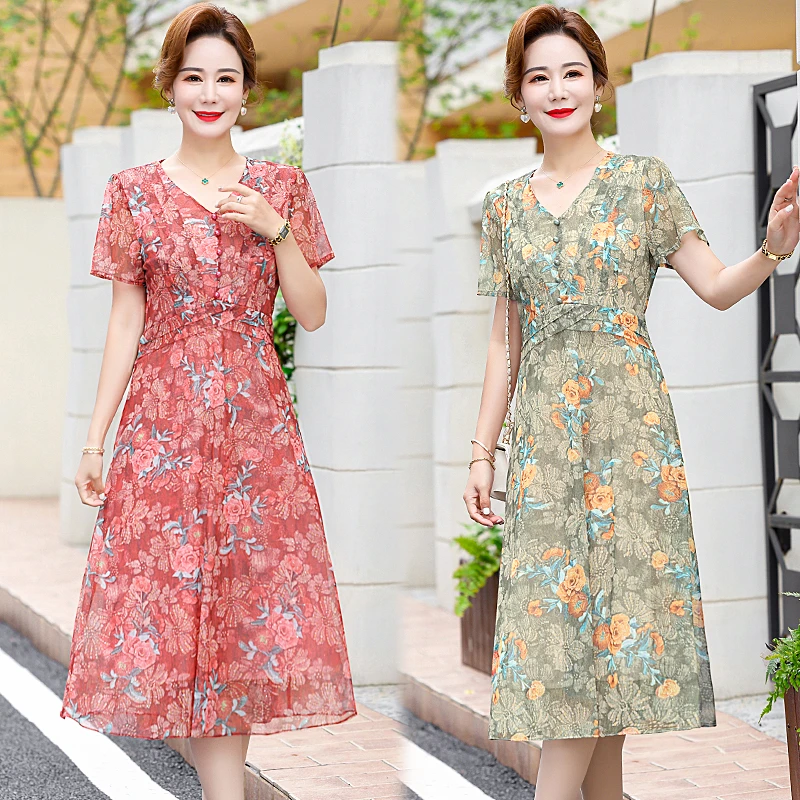 Women's V-Neck Mesh Floral Slim Dress Summer Boho A-Line Dresses Elegant Korean Fashion Beach Mid Length Female Vestidos