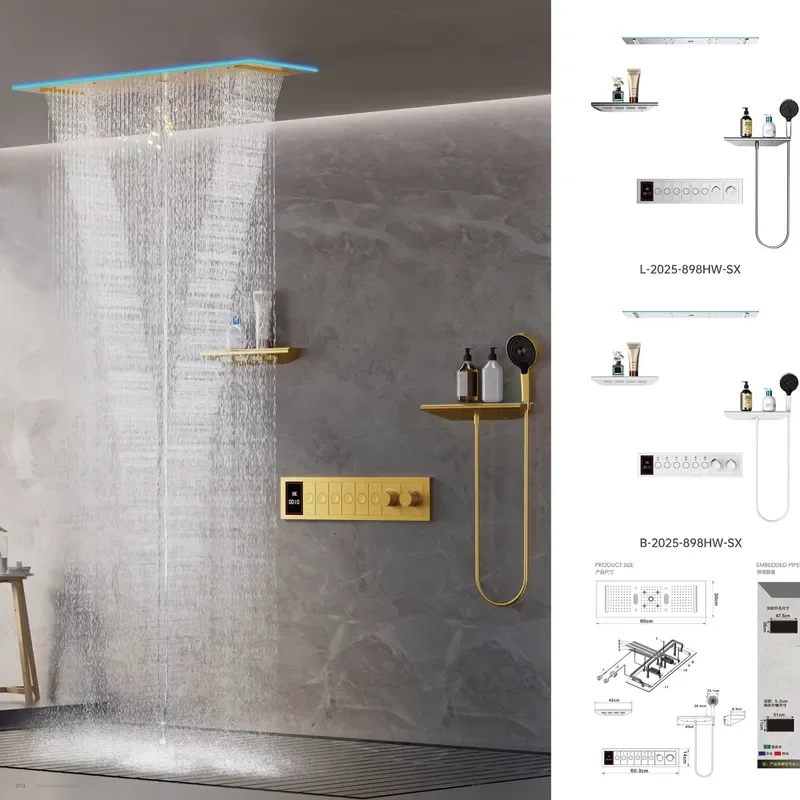 900*300 Top Spray Waterfall Shower Set Concealed Mount Constant Temperature Brass Valve Body Bathroom Shower Fixture for Home