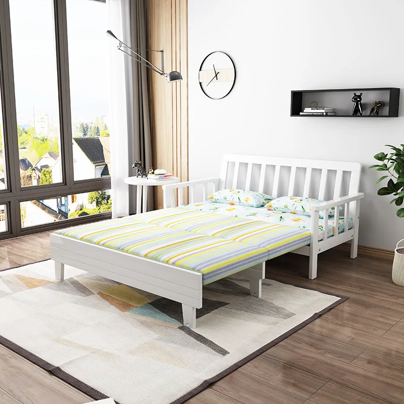 Solid wood sofa bed foldable living room retractable small apartment double single simple modern pull-out retractable