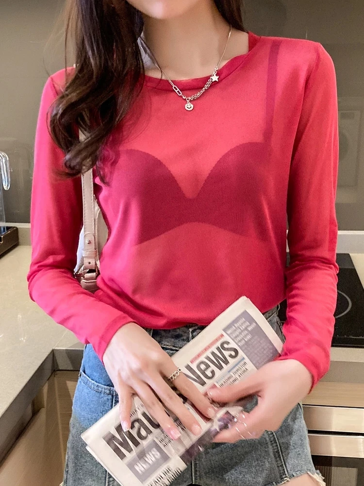 Mùa Hè Thời Trang Hàn Quốc Lưới Áo Thun Nữ Vintage Trong Suốt Cao Cấp Cho Nữ Rời Màu Trắng Trong Suốt Nữ Công Sở Áo Sơ Mi