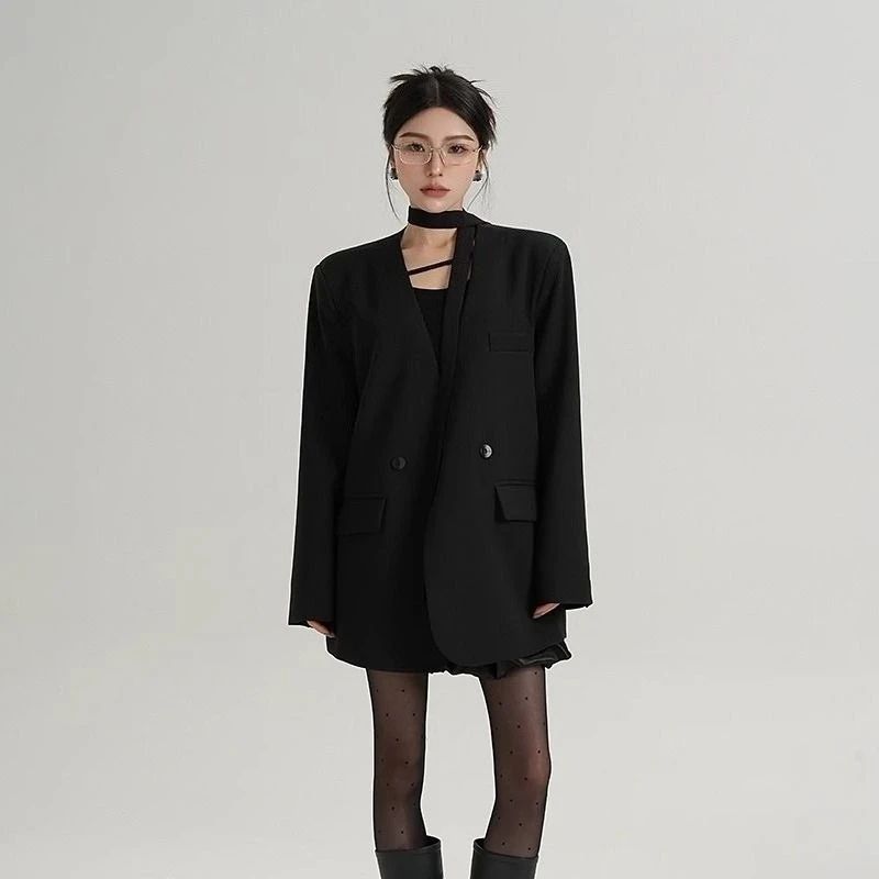 Petite Blazer pour femmes, couleur unie, ample, ample, col en V, ruban, Design coréen, petit costume de haute qualité, nouvelle collection printemps automne 2025