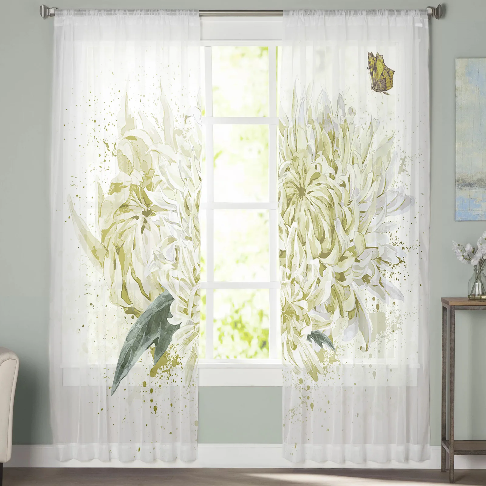 White Simple Chrysanthemum Watercolor Butterfly Sheer Curtains for Living Room Bedroom Window Treatment Kitchen Chiffon Curtain