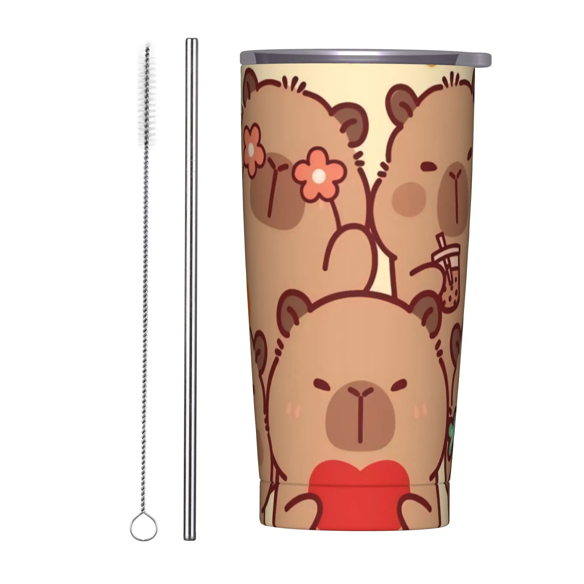 

Термокружка Luck Capybara с милым мультяшным дизайном, крышкой и соломинкой, из нержавеющей стали, для офиса и дома, 20 унций