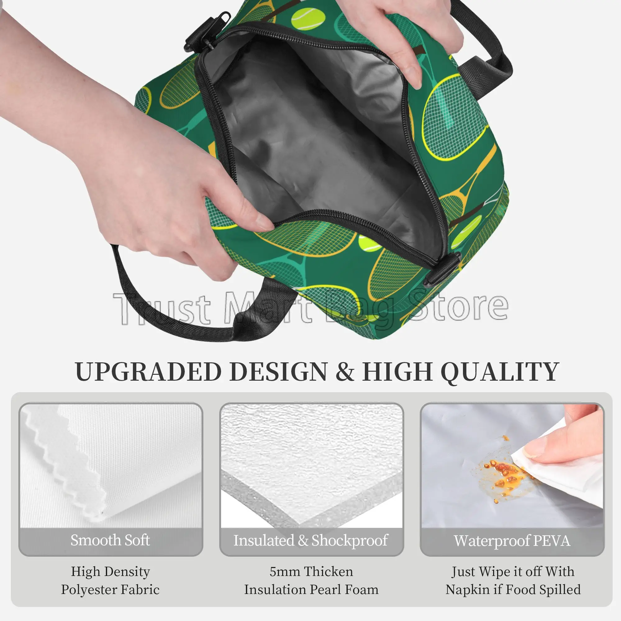 Tennis Rackets and Balls Insulated Lunch Bag for Travel Reusable Waterproof Thermal Bento Tote with Adjustable Shoulder Strap