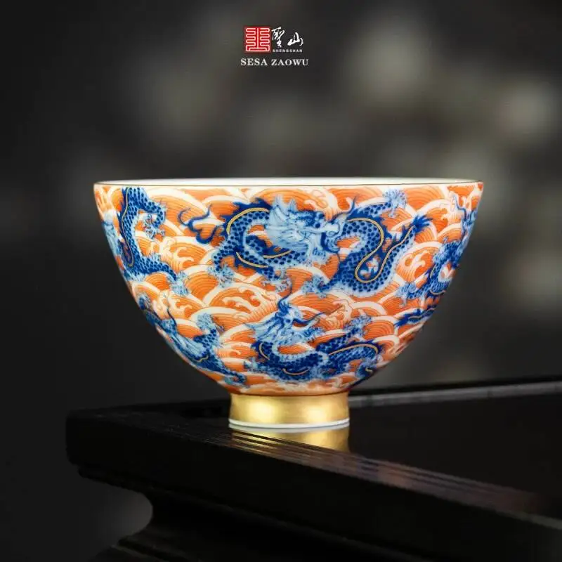 

Holy Mountain Jingdezhen Antique-Style Blue And White Porcelain With Heavy Red Enamel, Nine Dragons, Sea Water Gold-Painted Cup,