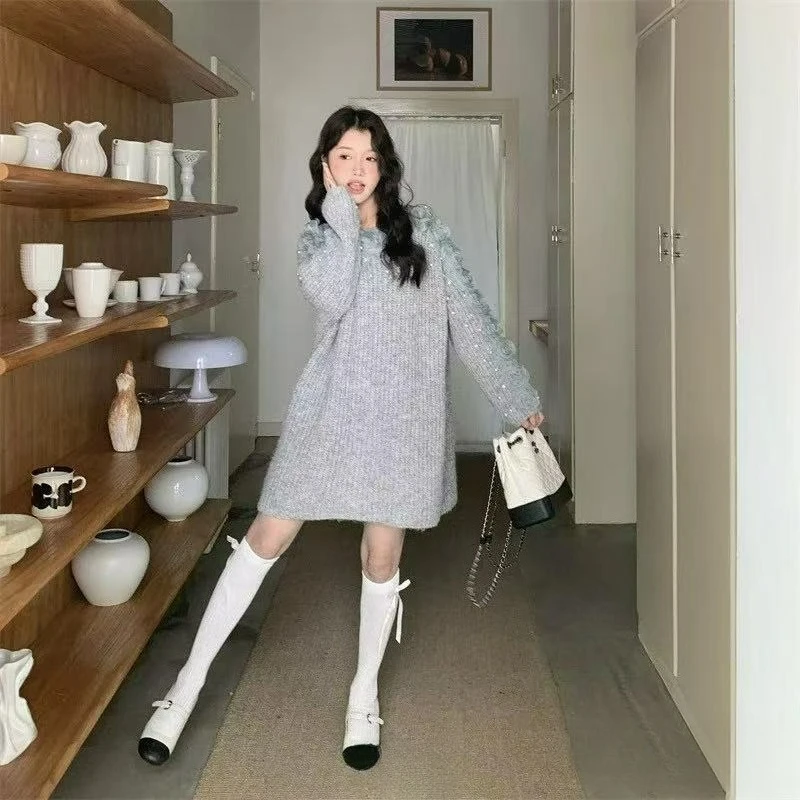 New fashion Dress for Overweight Girls Laid-back Style Knitted Rose with Cutouts Long-sleeved Plus-size Women Dress 2026 Winter