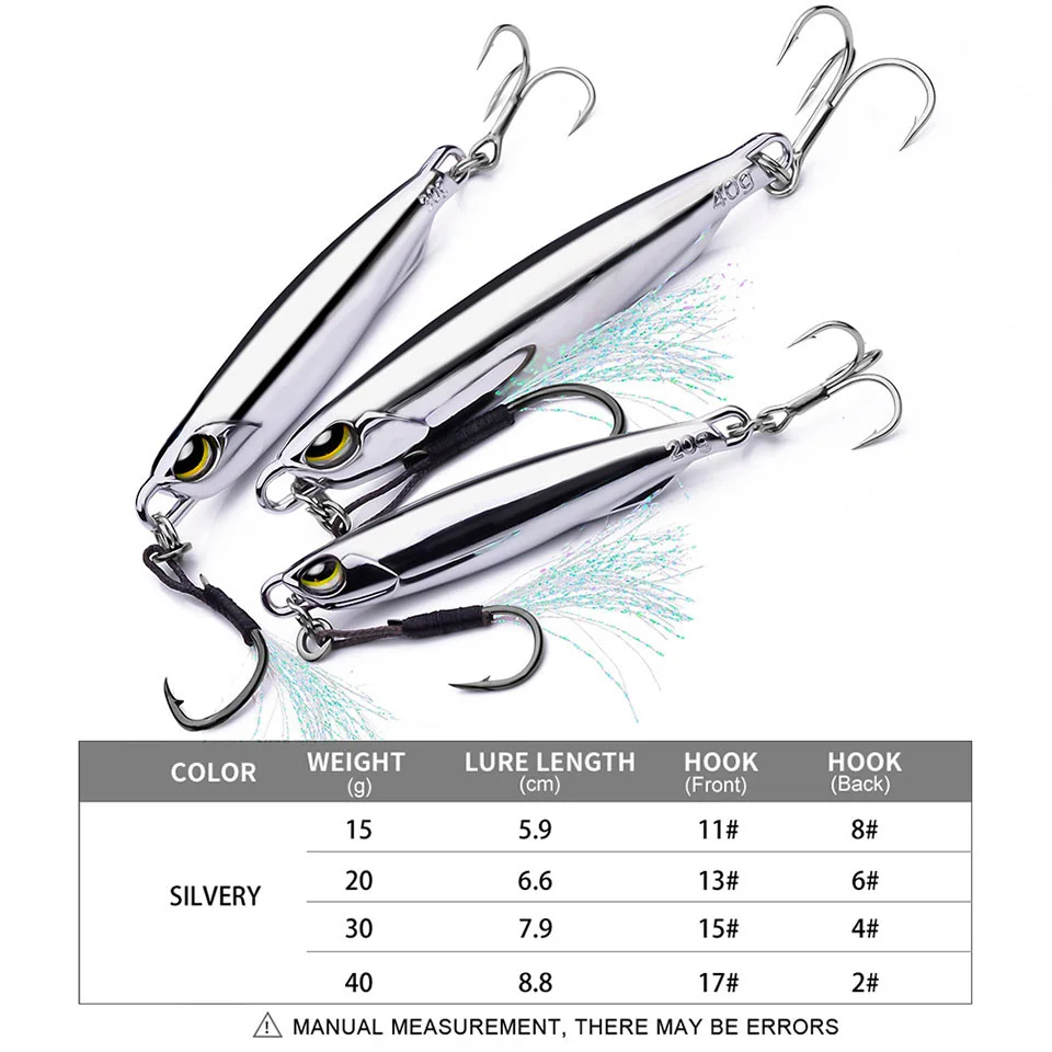 WALK FISH 1Pcs Sinking Metal Jigs Lure 15G/20G/30G/40G 3D Eyes Trolling Hard Bait Artificial Treble Hook With Feather Fishbait