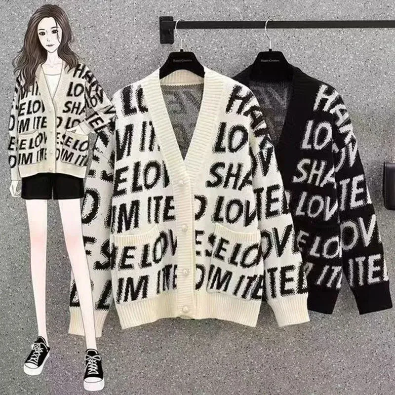 

Женский новый весенне-осенний новый вязаный кардиган, свитер, модная блузка с длинными рукавами и буквами, свободное мягкое и удобное пальто с джокером