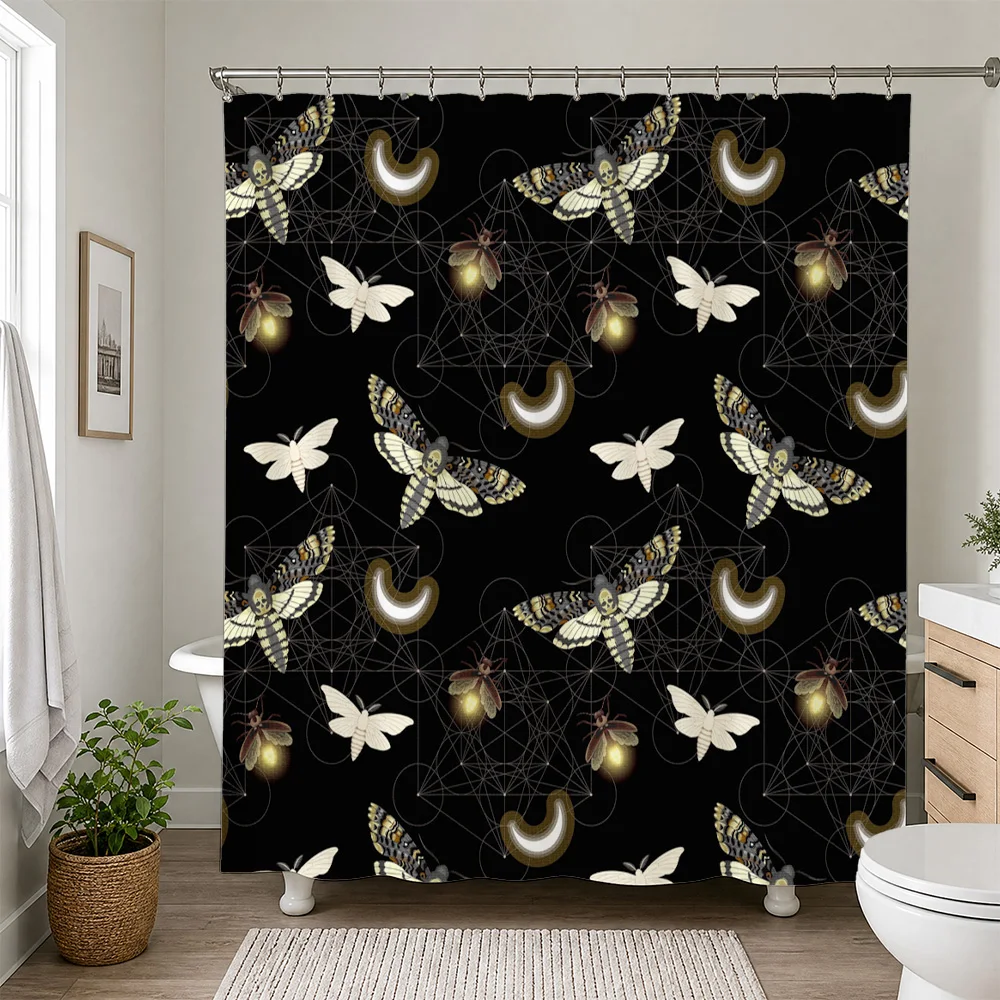 Waterproof Black Shower Curtain Boho Moth Butterfly Pattern Gothic Insect Design Bathroom Curtain Liner for Modern Home Decor