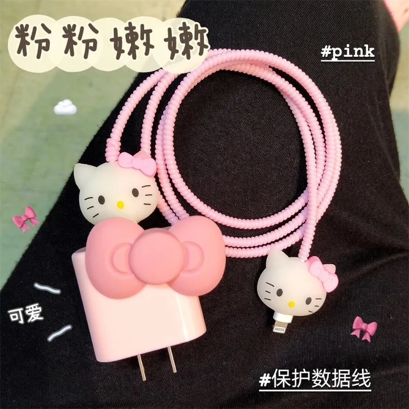 Sanrio Bow Hello Kitty Kawaii Data Cable Protective Cover Apple 14promax suitable for iPhone13 charger case 15 anti-breakage