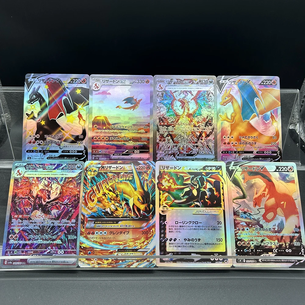 DIY 애니메이션 PTCG 플래시 카드 일본어 버전 Charizard 시리즈 Vmax Ex Gx Sv107/074 메가 Charizard 수집용 카드 어린이 선물