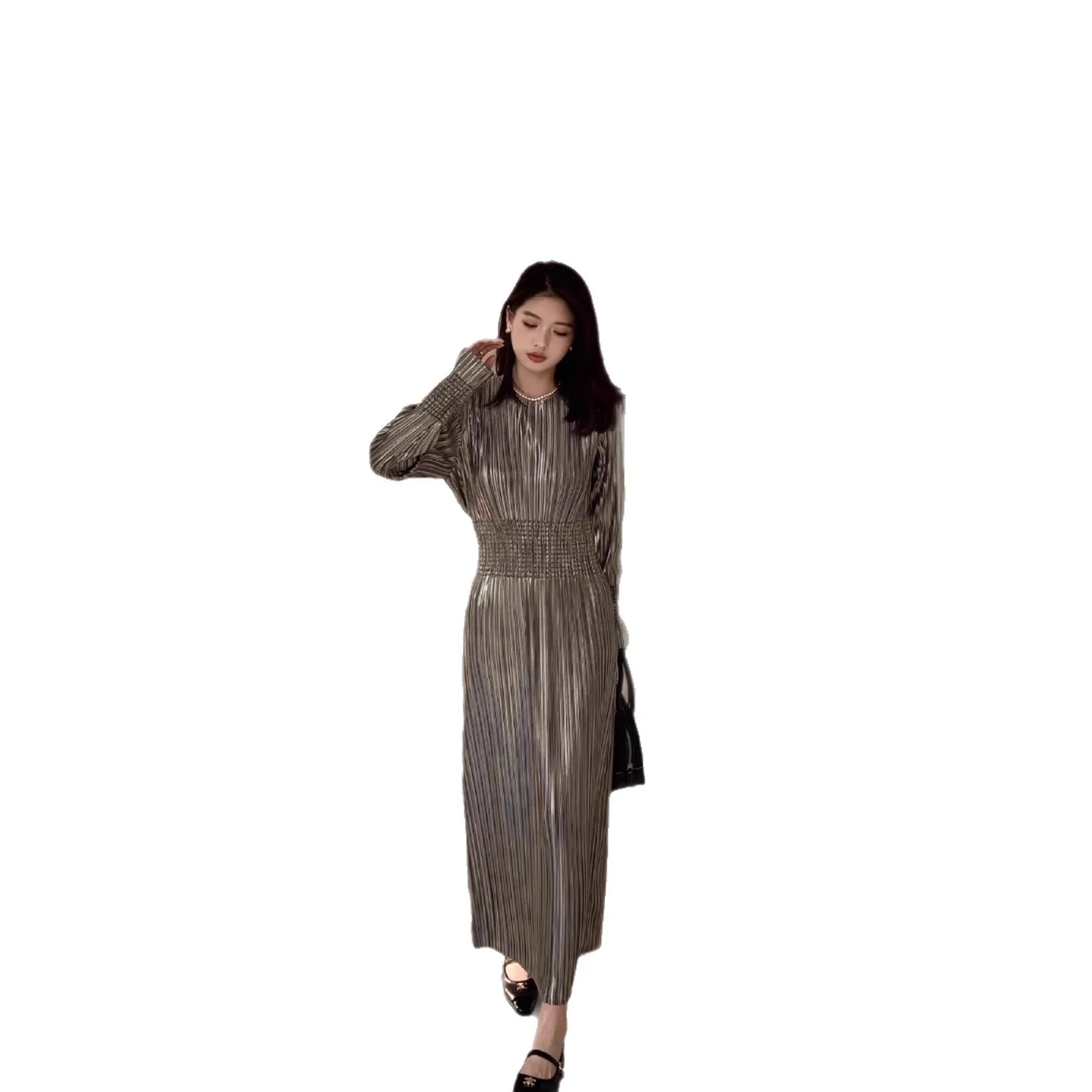 Miyake Pleated 2025 Autumn and Winter New French Dress with Gold Hot Touch, Gentle Wind, Embrace and Waist Cinching, Long Skirt