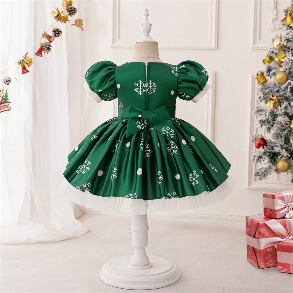Baby Snowflake Green Christmas Costumes for Girl Carnival Halloween Candy Birthday Party Princess Dress Bow Wedding Kids Clothes