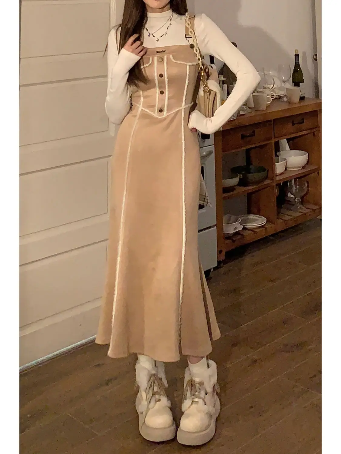 

Korean Two-Piece Deerskin Dress Temperament Dress Female Fall And Winter Senior Sense Waisted Slim Long Dresses