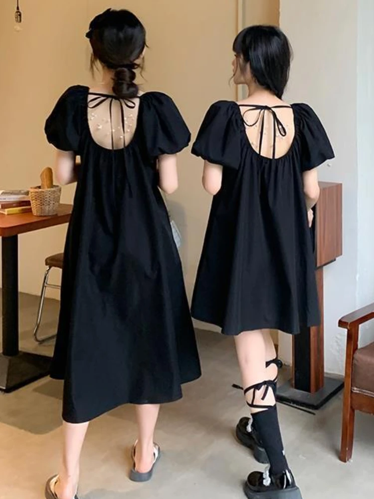 Backless Dresses Women Lace-up Loose Sweet Summer Puff Sleeve Korean Style Ins Personality College Fashion Ulzzang Solid Classic