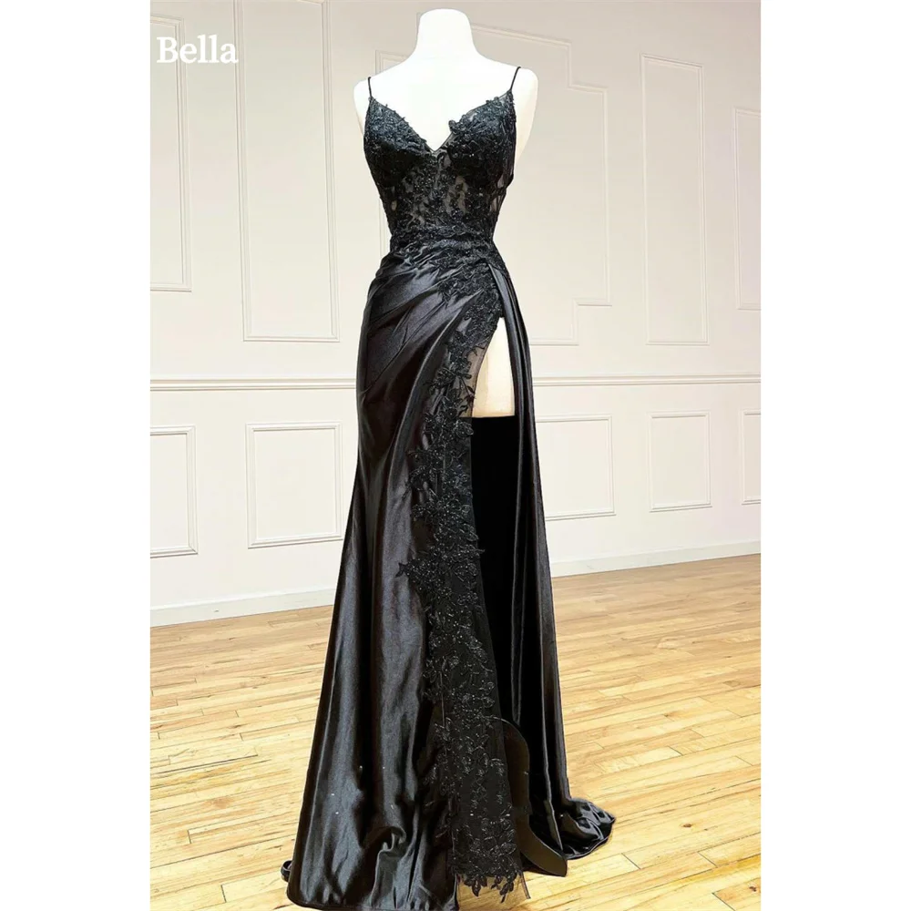 Bella Black Satin Mermaid Evening Dress Side High Split فساتين سهرة Elegant Spaghetti Strap Floor-length vestidos de fiesta 2024