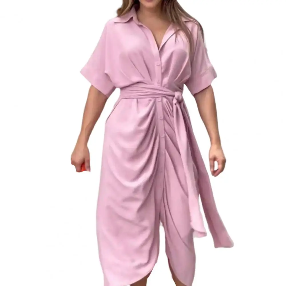 Robe plissée à lacets avec col rabattu pour femme, robe chemise à revers, garde-robe d'été