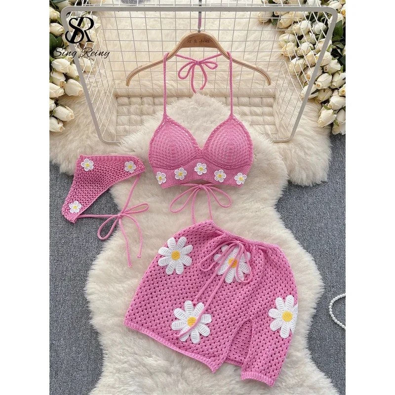 SINGREINY Korean Hollow Out Knitted Suits Women Halter Lace Up Bow Backless Tank Top+Drawstring Split Mini Skirt Two Pieces Sets