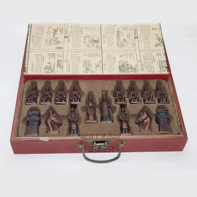 (32 Pieces) Elaborate Chinese Classical Wooden Manual Terracotta Warriors Chess  , With Red Wood Box (Big Size)