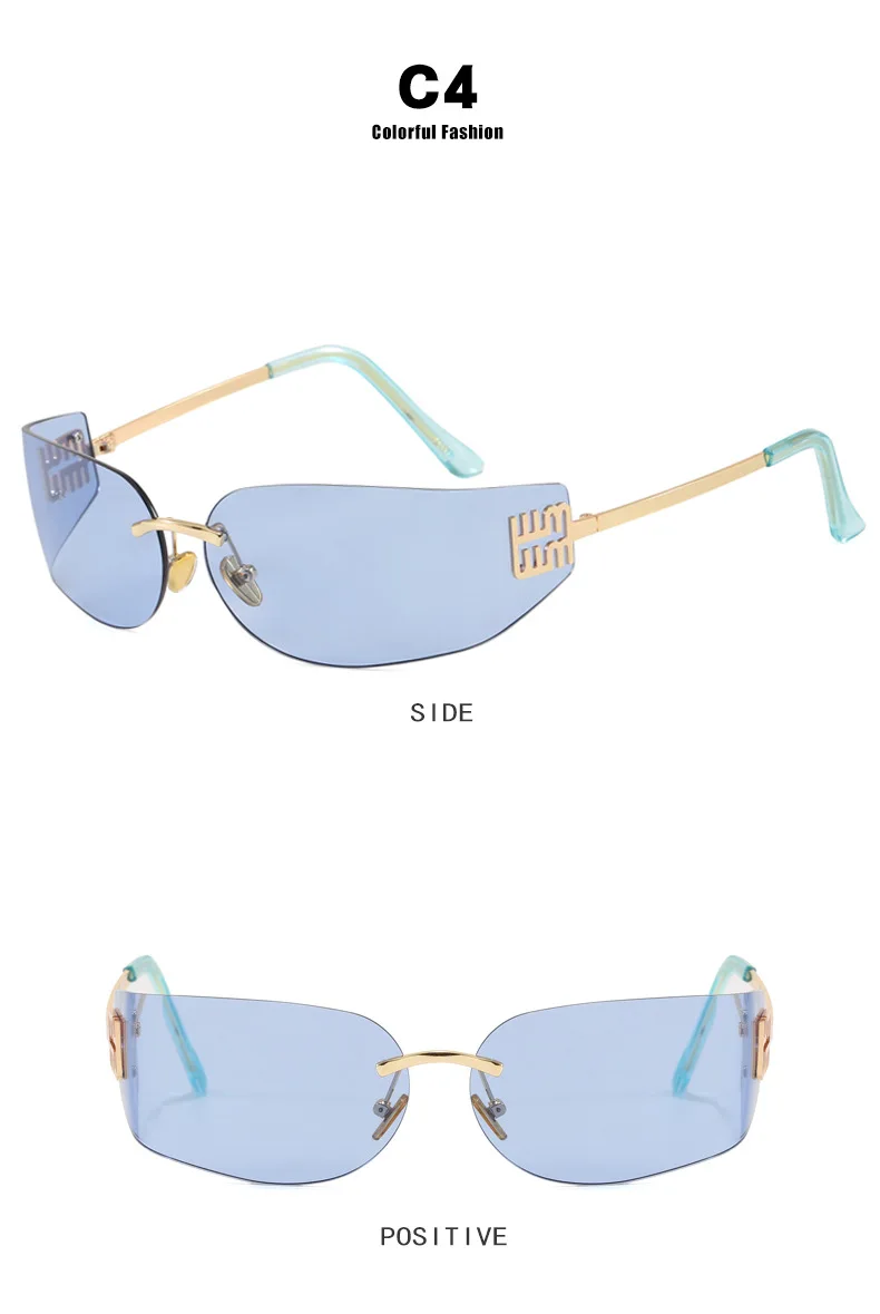 Hochwertige Randlose Rahmenlose Sonnenbrille für Damen Luxuriöse Personalisierte Y2k Gebogene Metallbuchstaben Sonnenbrillen Damenschattierungen – Detail 10