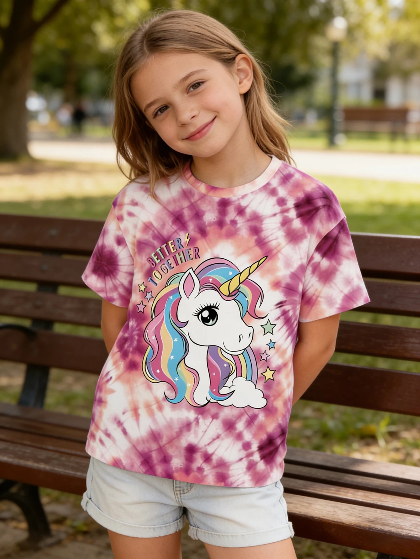 

2026 Girls' Pink Purple Tie-Dye Unicorn Short Sleeve T-Shirt Summer Casual Top