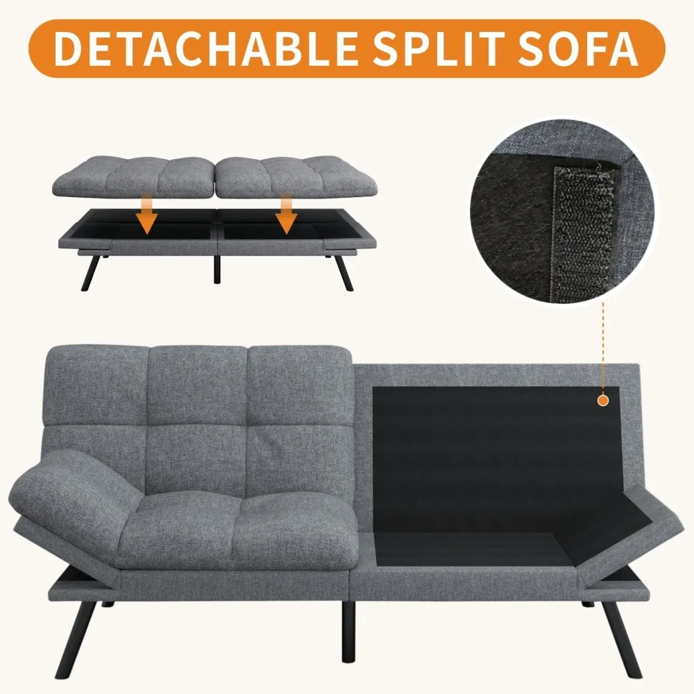 71-Inch Convertible Futon Sofa Bed with Adjustable Backrest & Removable Armrests, Foldable Sleeper Loveseat for Small Space Liv