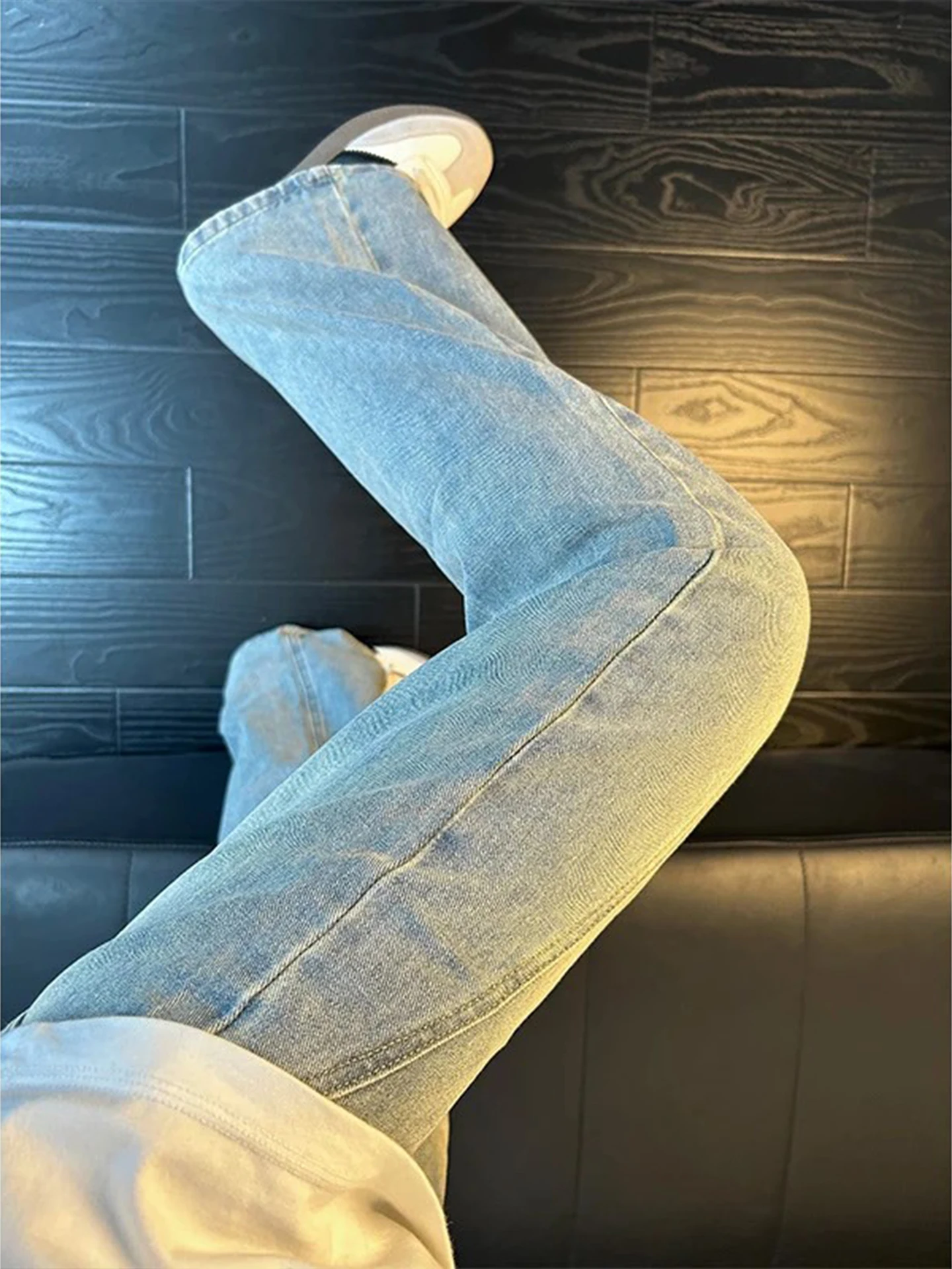 

Светло-голубые джинсы с флисовой подкладкой и косым кроем, мужские, прямые, узкие, в американском стиле, для осени и зимы, Cleanfit