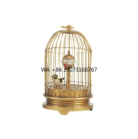 Large Vintage Interesting Wind up Brass Cloisonne Floral Base Birdcage Bird Mechanical Table Clock for Collection, Decoration