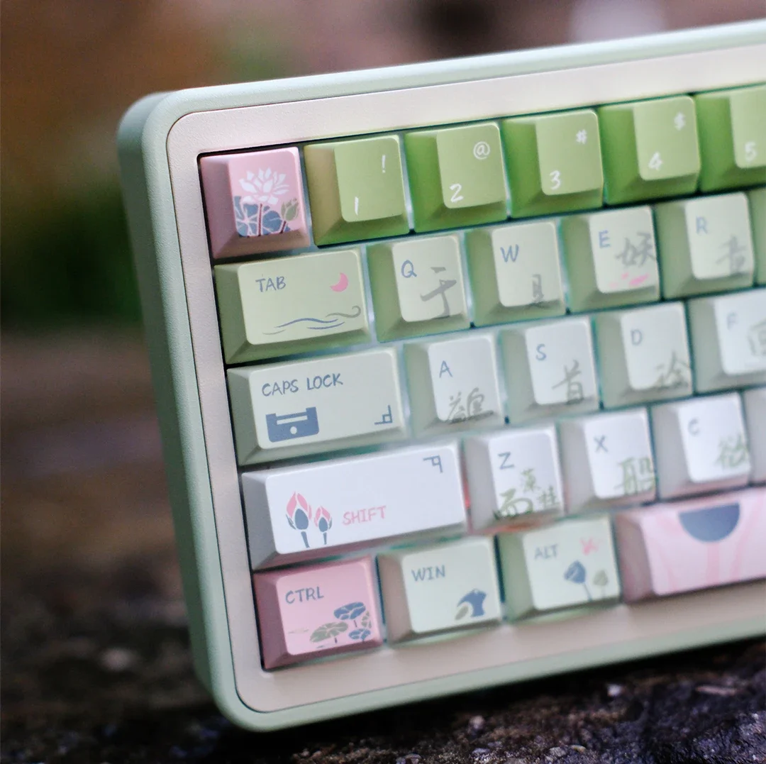 Lotus Pond Moonlight Keycaps 151-Key Pbt Cherry Thermal Sublimation Chinese Characters Ancient Style Pink Green Gradient Keycaps