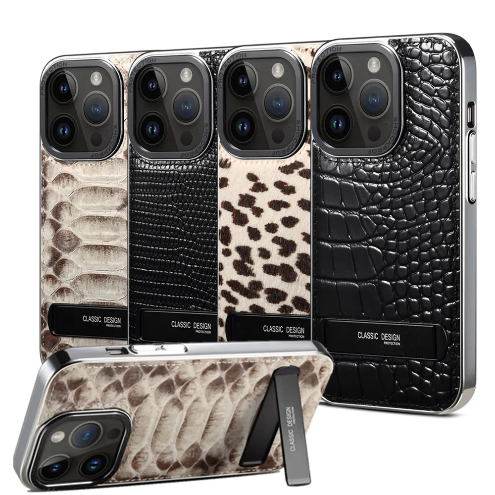 

Genuine Cowhide Leather Case for iPhone 15 14 Pro Max Alligator Python Lizard Pattern Kickstand Holder Bracket Armor Back Cover