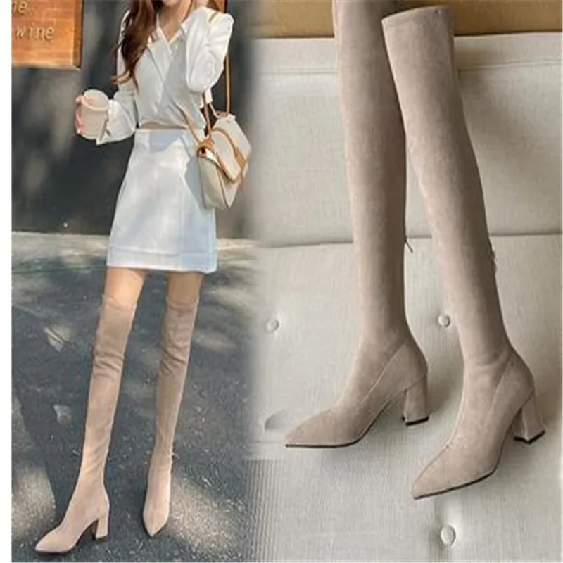 Sexy High Boots Women 2022 Winter New Fashion Over The Knee Warm Botas Mujer Suede Lace Up Pumps Sock Shoes High Heels Boots