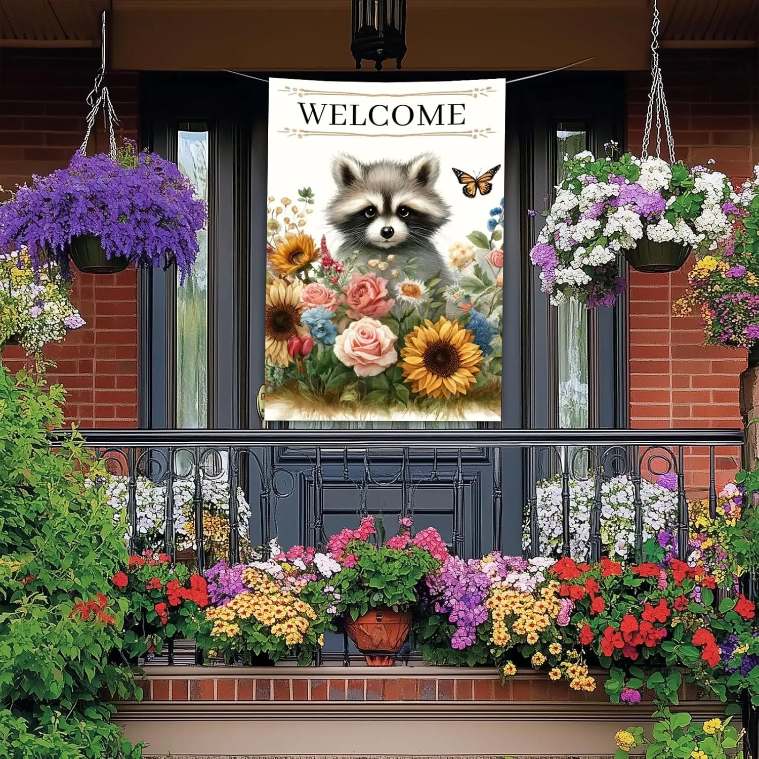 Raccoon House Flag 28 x 40 Inch Double Sided Spring Summer Garden Banner with Wildflower Butterfly and Welcome Design for Ou LLG