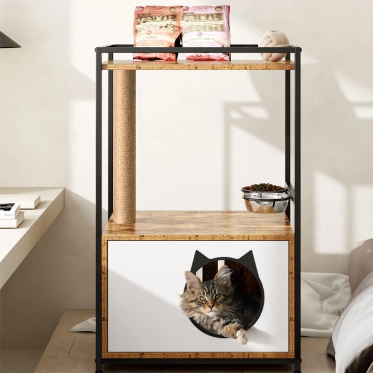 Wooden Cat House End Table With Scratching Post Cat  Box Shell Suitable For Living Room And Bedroom