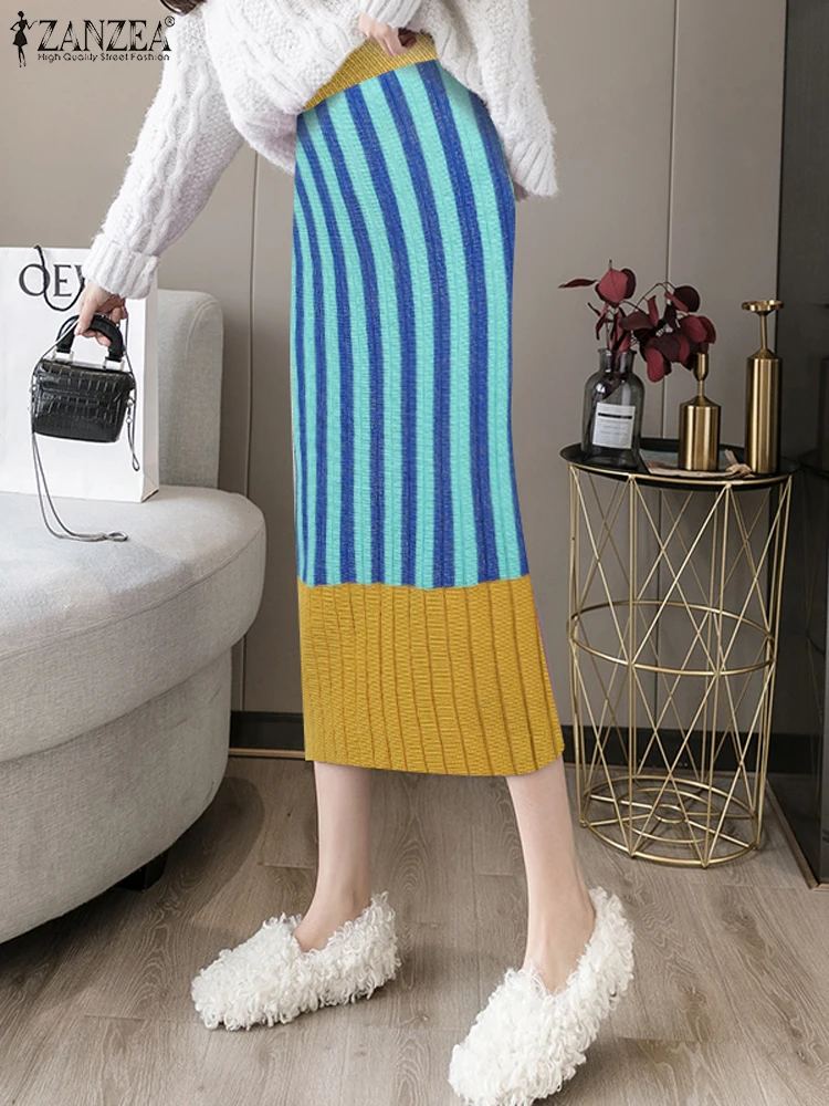 Korean Fashion Women Sweater Dress ZANZEA Autumn High Waist Slim Fit Jupes Winter Sundress Stylish Patchwork Long Skirt Vestidos