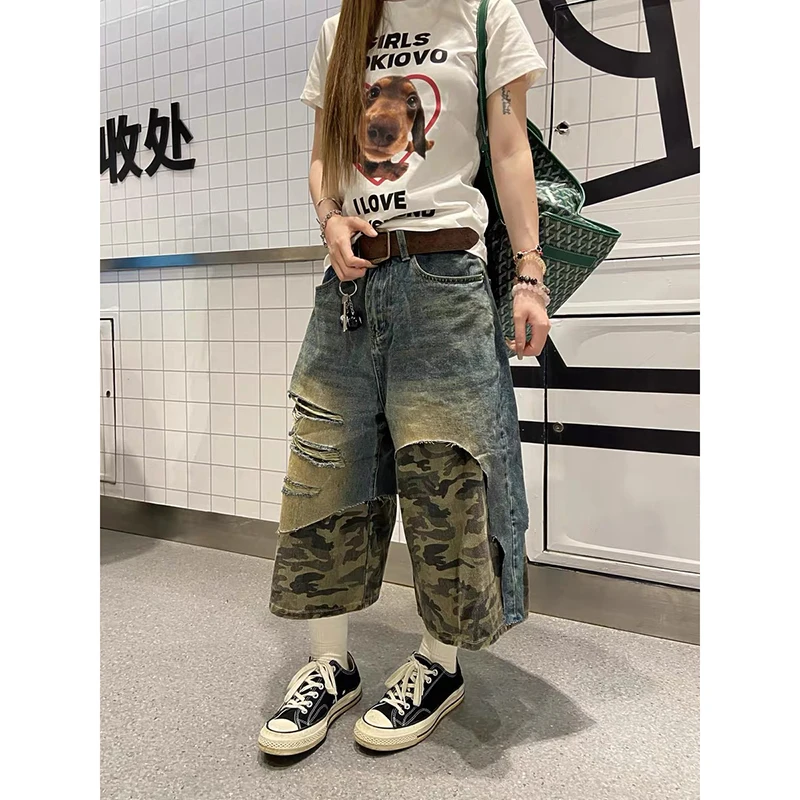 

ZHIZOU American Vintage Y2K Camouflage Spliced Denim Shorts Women Ripped High Street Washed Distressed Cropped Trousers Jeans