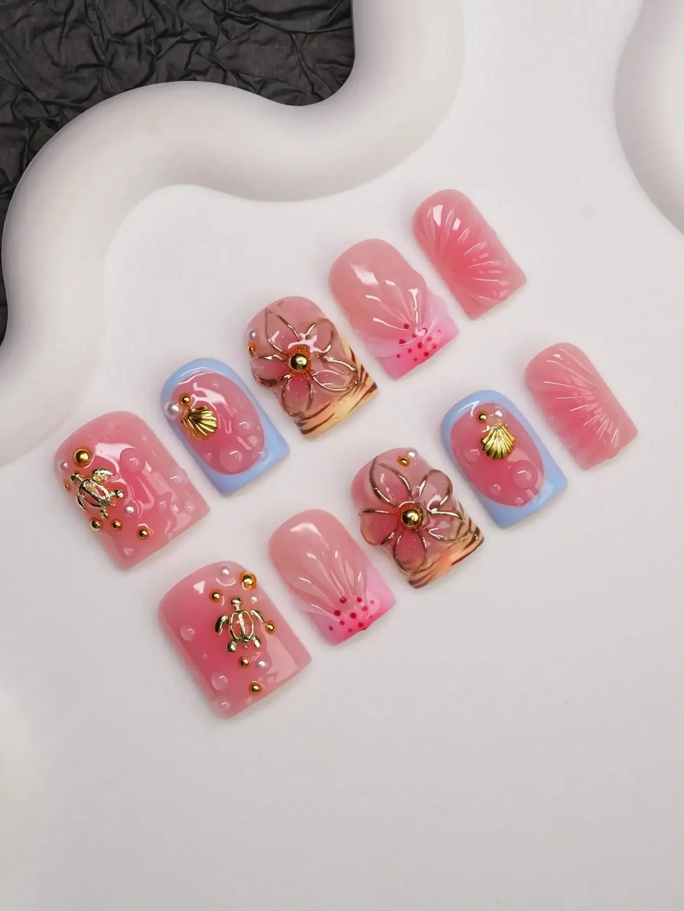 

10pcs Square Shaped Handmade Nail Tips, Y2K Baddie Style, Nude, Blue, Yellow, Pink Colors With French Edge, Water Drop, Carved, Shell, Turtle Designs, Suitable For Women And Girls, Shiny Nail Pieces, 3 Size Options, Fit For Party, Dance, Daily Wear, Inclu