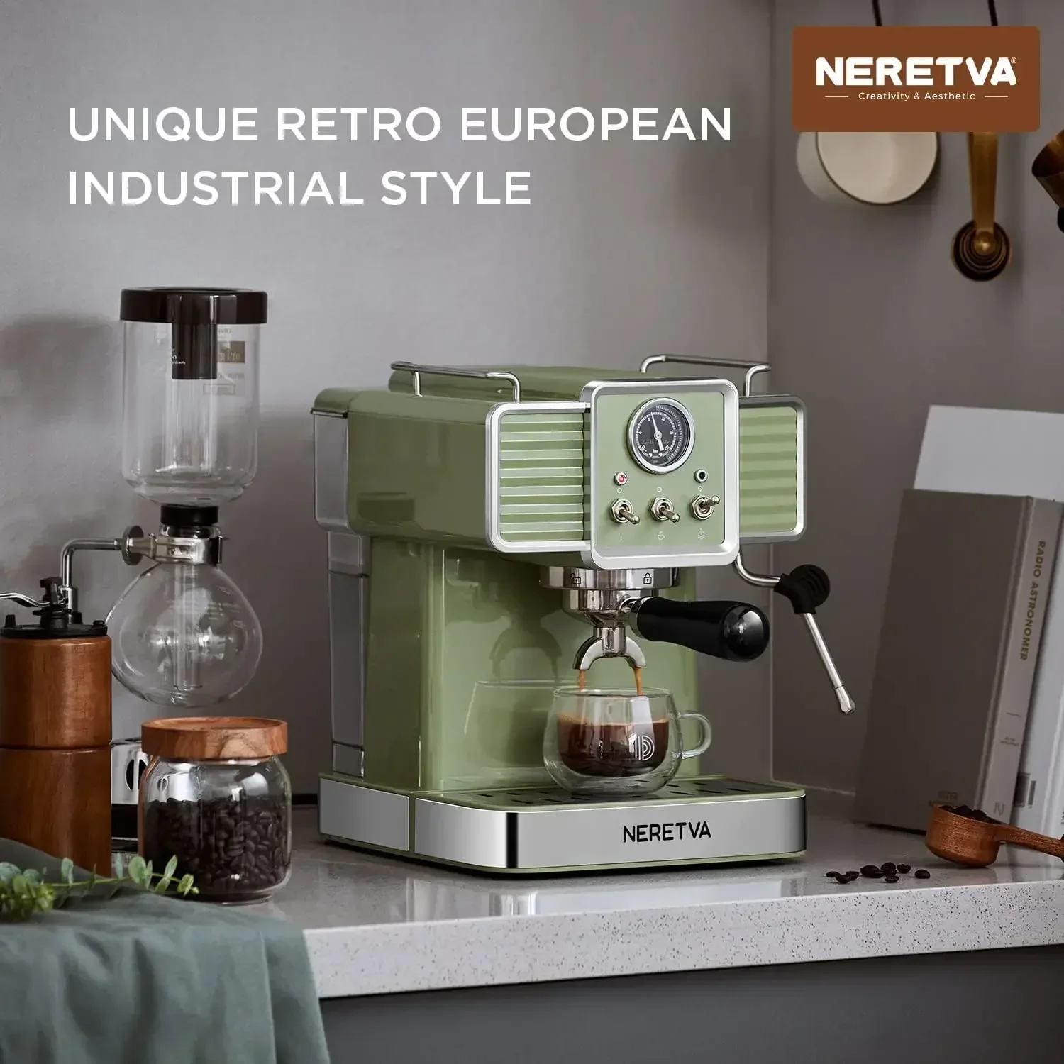 Neretva-Professional Coffee Maker, 15 Bar Espresso  Machine, Milk Frother, Steam Wand, Green, Home Barista, 1350W